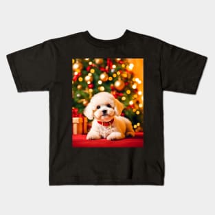 Bichon Frise Puppy Dog by Christmas Tree Kids T-Shirt